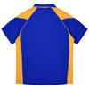 A blue and gold polo shirt featuring a logo on the chest and short sleeves.