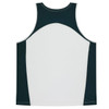 A singlet featuring a white front with dark green accents on the back, designed for kids. It includes a logo.