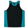 A black and teal singlet featuring contrasting side panels and a logo at the neckline.