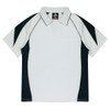 A polo shirt in white with black accents and a logo on the collar. Suitable for casual or sports wear.