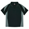 A dark green polo shirt with grey accents and a collar. It features a logo on the neckline.