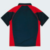 A polo shirt featuring a red and navy design, with a collar and short sleeves. It includes a logo on the front.