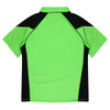 A polo shirt in bright green with black accents and a collar. It features a logo on the design.