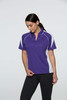 A purple polo shirt with white accents, featuring a logo, designed for women.