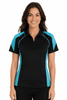 A black polo shirt with turquoise accents, featuring a logo, designed for women.