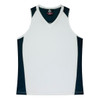 A sleeveless singlet featuring a white body and navy blue side panels, with a logo at the neckline.