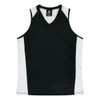 A black and white singlet featuring a V-neck design and contrasting side panels. Includes a logo on the front.