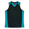 A black and teal sleeveless singlet featuring a V-neck design and detailing on the sides. It has a logo.