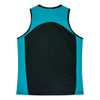 A singlet featuring a black body with turquoise accents, designed for women's activewear. It has a logo on the front.