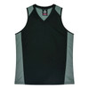 A black singlet with grey accent panels, featuring a V-neck design and a logo.