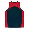 A sleeveless shirt in navy blue with red accents, featuring a logo on the back.