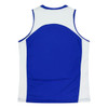 A blue and white singlet with a round neck and a logo on the back.