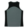 A grey and black singlet featuring a sleek design and a logo on the back.