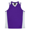 A purple singlet with white side panels and a v-neck design, featuring a logo.