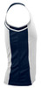 A men's singlet featuring navy blue and white stripes, with a logo on the front.