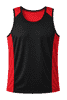 A black singlet with red accents, featuring a logo on the front. Designed for men.