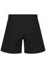 Black sports shorts featuring an elastic waist and a simple design with a logo.