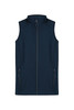 A navy vests featuring a zip front and two side pockets, designed for kids. It has a logo on the chest.
