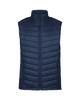 A navy blue men's vest features a quilted design, raised collar, and zippered pockets, with a logo present.
