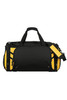 A black and yellow duffle bag with dual handles and a shoulder strap, featuring a logo.