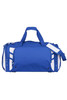 A blue and white duffle bag with handles and a detachable shoulder strap, featuring zippers and a logo.