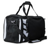 A black and white duffle bag with multiple compartments and a detachable shoulder strap, featuring a logo.