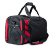 A black and red duffle bag with a shoulder strap and multiple compartments, featuring a branding logo.