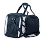 A navy blue duffle bag with white accents, featuring dual handles and a shoulder strap. It includes zippered compartments.