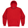 A red hooded jumper with a front pocket and long sleeves. It features a hood and has a logo.