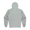 A grey kids' hoodie with a hood and long sleeves. The back view shows a simple design. It has a logo.