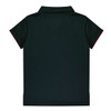 A dark green polo shirt featuring a collar and contrasting red accents. It has a logo on the chest area.