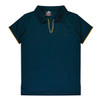 A dark navy polo shirt featuring yellow detailing, with a collar and short sleeves. The shirt has a logo on the inside.