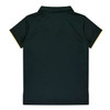 A dark green polo shirt featuring short sleeves and a contrasting trim. Includes a logo on the front.
