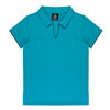 A turquoise polo shirt with a v-neck design and contrasting black detailing at the sleeves. It features a logo.