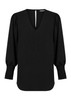 A black V-neck shirt with puffed sleeves and smocked cuffs, featuring a button closure at the back and a branded label.