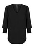 A black V-neck shirt with three-quarter puff sleeves and smocked cuffs, featuring a back keyhole opening.