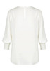 A white shirt with a v-neck and puffed sleeves, featuring gathered detailing on the cuffs. It has a back button closure.