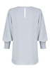 A light grey shirt featuring a keyhole back and smocked sleeves, with a smooth, flowing design.