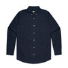 A navy Oxford shirt with long sleeves, a button-up front, and a single chest pocket. Features a logo.