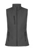 A dark grey work vest featuring a front zip, two side pockets, and a sleek design. It has a logo.