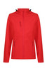 A red soft shell jacket featuring zippered pockets and a zip front, with a high collar. It includes a logo on the design.