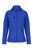 A blue soft shell jacket featuring a hood, zippered pockets, and a fitted design. It includes branding on the fabric.