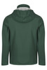 A green jacket with a hood, featuring a clean design and a light-coloured interior. It includes a logo on the back.