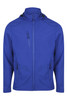 A blue jacket with a zippered front and hood, featuring side pockets and a sleek design. It has a logo on it.