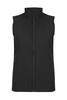 A black sleeveless vest with a front zip and side pockets, featuring a logo on the upper left.