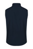 A dark navy work vest with a high collar and no sleeves, featuring branding on the back.