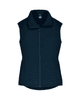 A sleeveless navy work vest with a high collar and zippered pockets, featuring a logo.