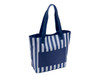 A navy and white striped tote bag with a front pocket and two sturdy handles. Features a logo.