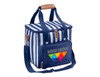 A navy cooler bag with white stripes, featuring a side pocket and a logo on the front.