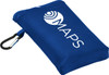 A compact blue picnic mat with a carabiner and a logo on one side, folded and ready for transport.
